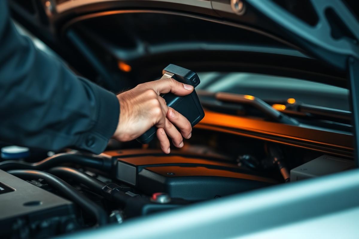 Mechanic running diagnostics on a car engine bay